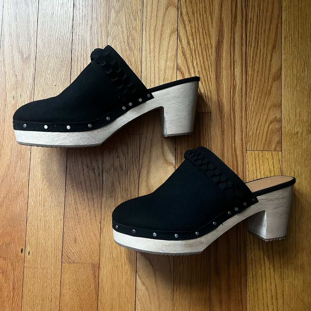 J.Crew black suede wooden clogs
